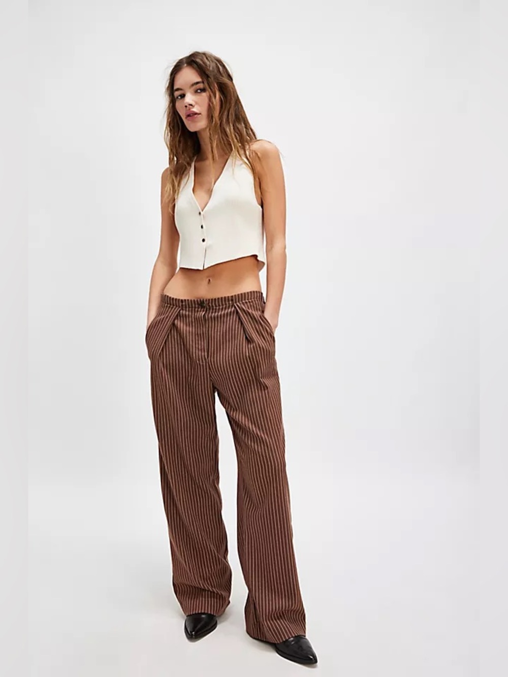 Free People Wide-Leg Pinstripe Pants in Brown